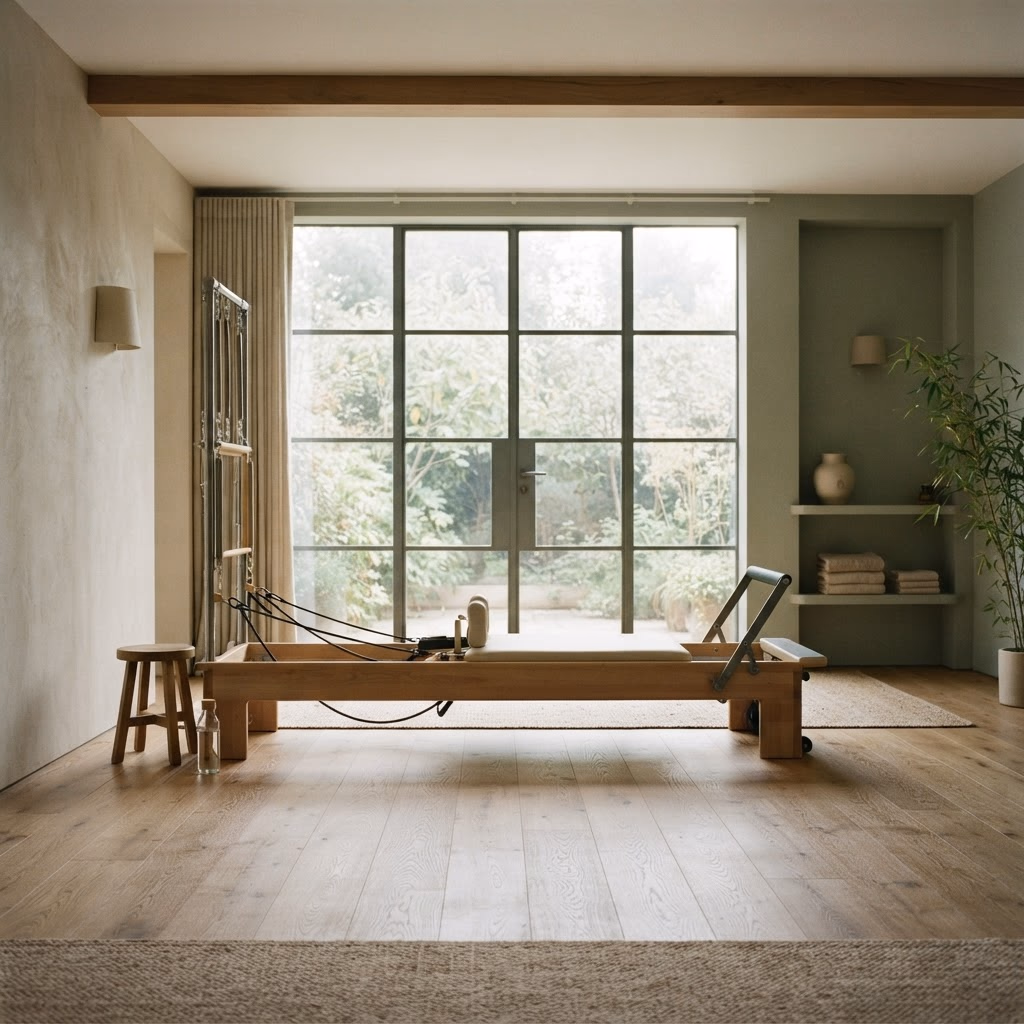 A reformer in a calm, sunlit apparatus Pilates studio